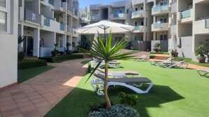 A courtyard with a pool, lounge chairs, and a palm tree.