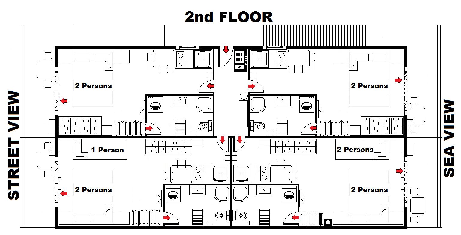 A 2nd floor layout with multiple rooms, each marked for 1 or 2 persons, featuring kitchenettes and basic amenities.