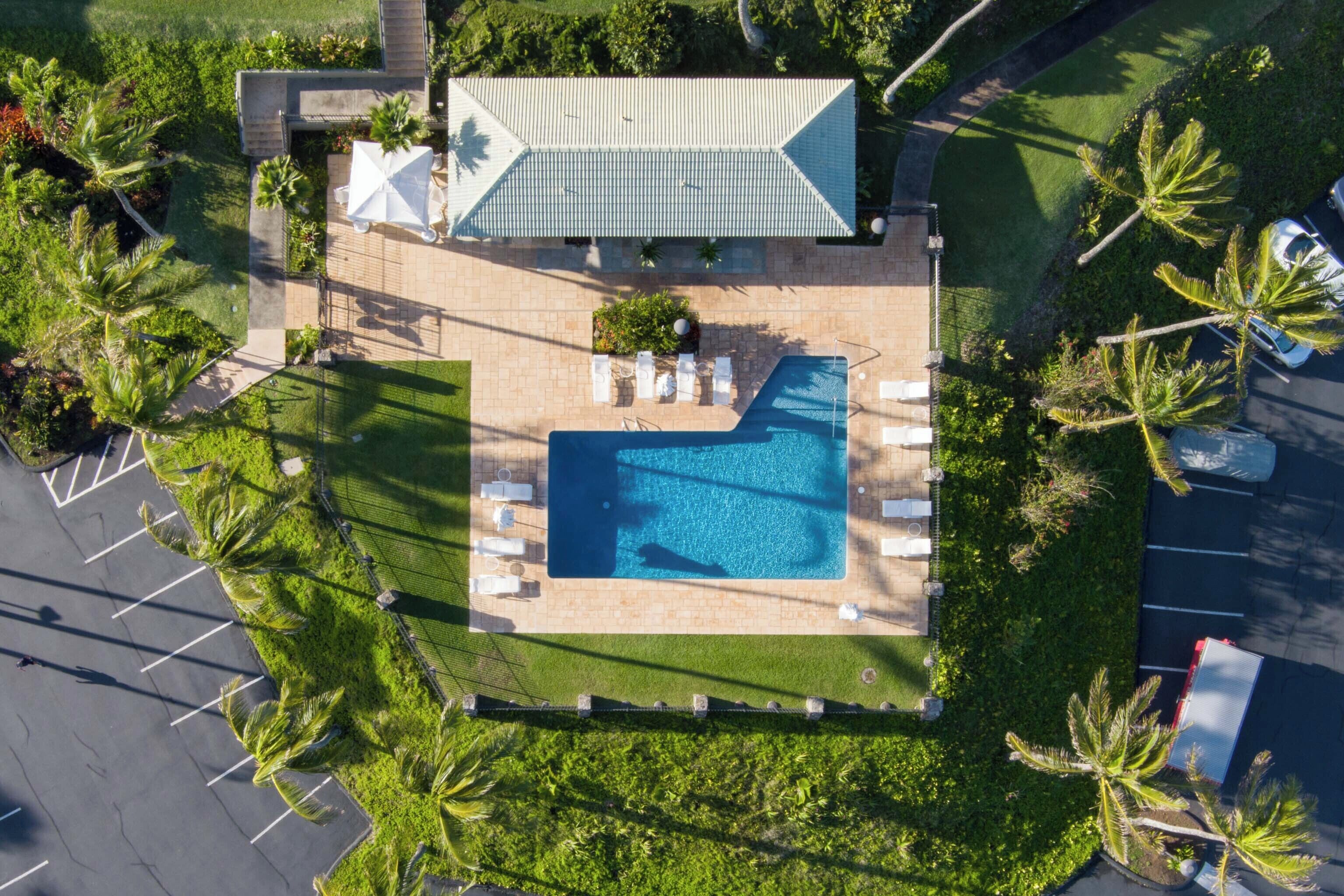 An aerial view of a resort with a swimming pool, lounge chairs, and palm trees.