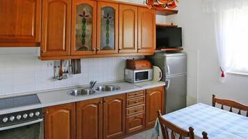 Coffee/tea maker, fridge, microwave, oven