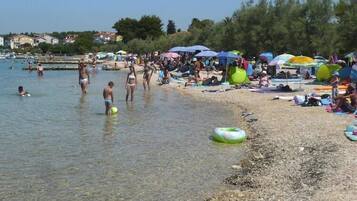 On the beach, sun loungers