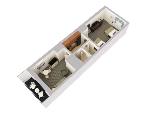 Plano de planta en 3D de una habitación de hotel con kitchenette, baño, zona de estar con sofá y televisor, y un pequeño comedor.