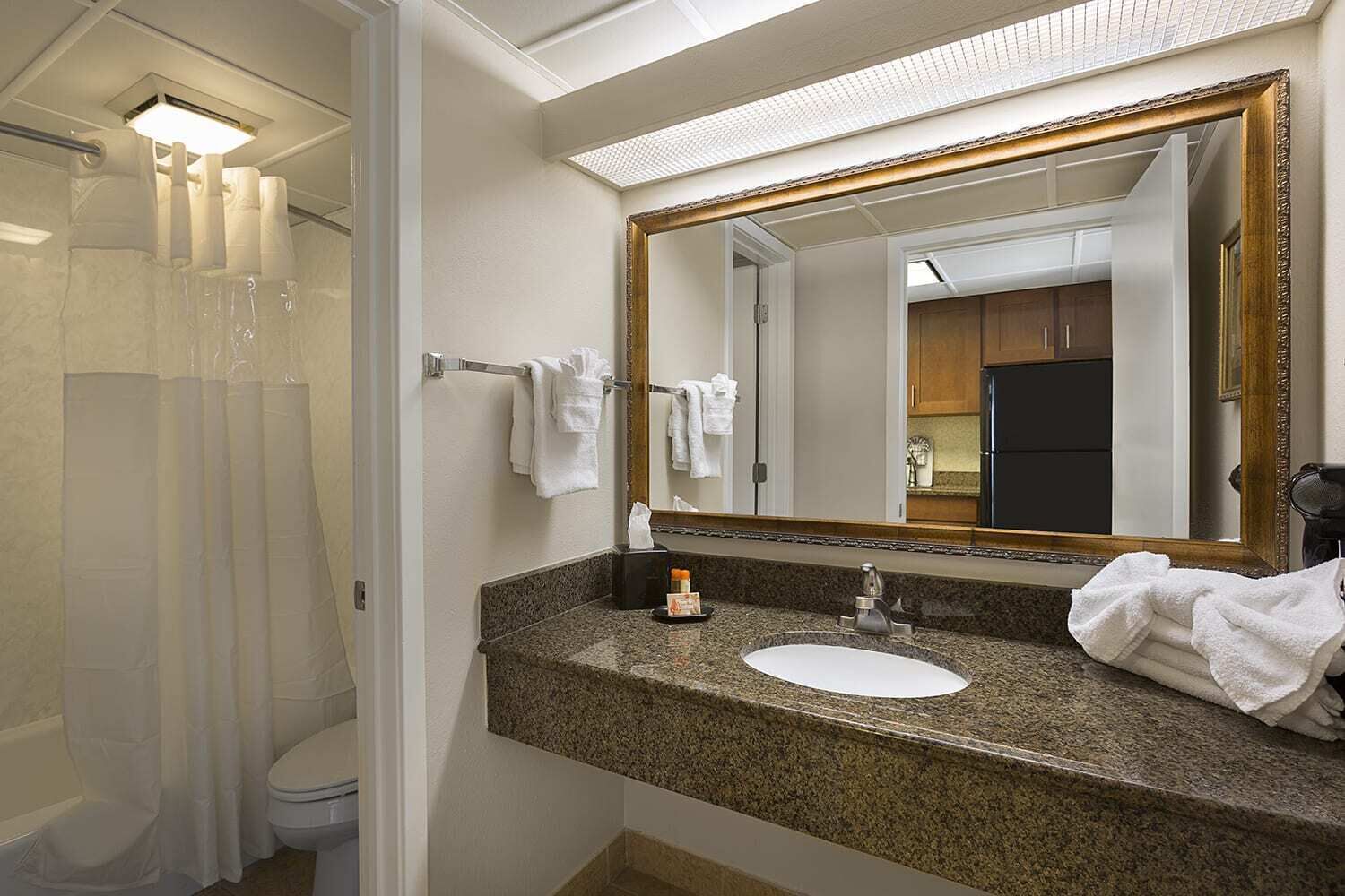 A bathroom with a granite countertop, a white sink, a large mirror, and a shower curtain.
