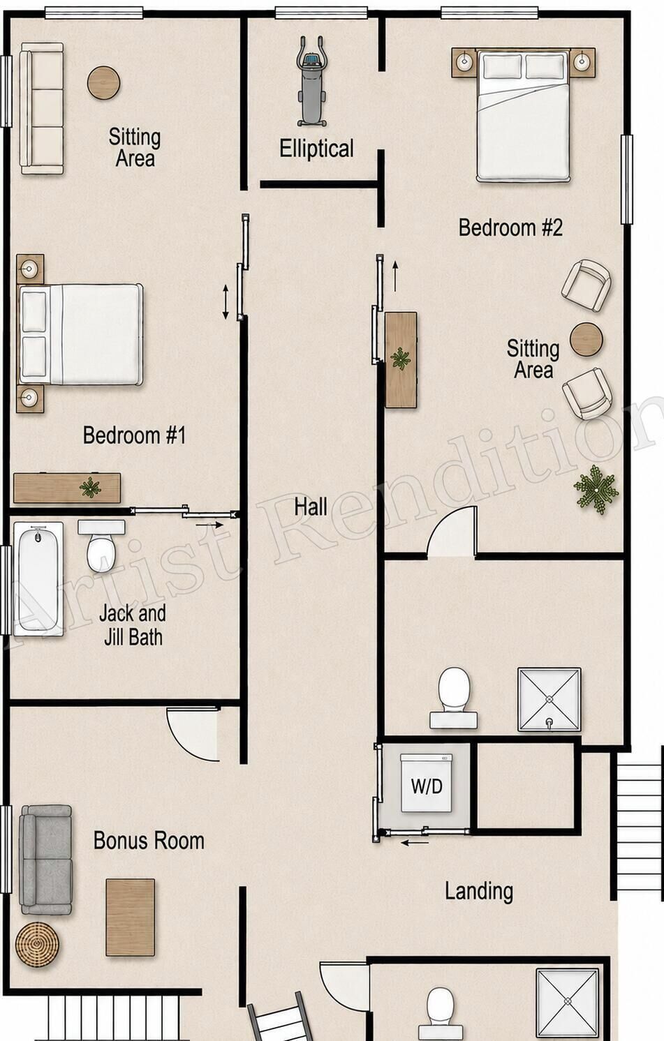 Een plattegrond van een hotel met twee slaapkamers, een zithoek, een extra kamer, een badkamer die twee kamers bedient, een doorgang en een hal.