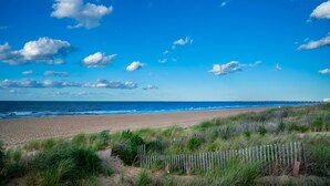 A beach with a wooden fence, sandy dunes, and a clear blue sky.