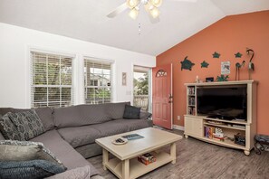 TV, DVD player, books, video library