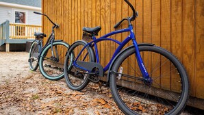 Ein blaues Fahrrad mit Korb vorne und Gepäckträger hinten, an einem Holzzaun angelehnt.