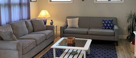 Smart TV, DVD player, foosball, books