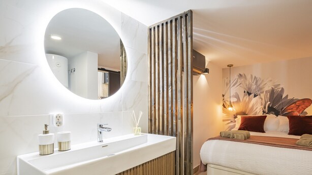 A modern bathroom with a large mirror, a sink, and a wooden panel divider.