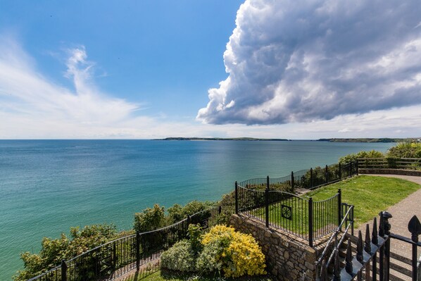 A coastal view with a stone pathway leading to a grassy area with a metal fence.