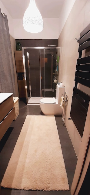 Douche, sèche-cheveux, bidet, serviettes fournies