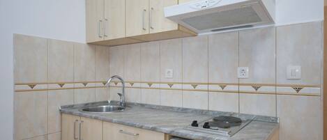 Fridge, microwave, stovetop, cookware/dishes/utensils