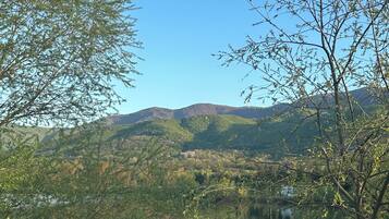 A serene lake surrounded by trees and hills.