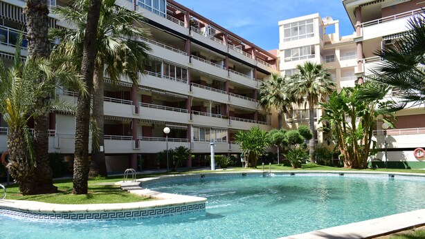 A swimming pool with a tiled border, surrounded by palm trees and a multi-story building with balconies. - Anacasa Dianium Ausias March AP1112 (Denia)