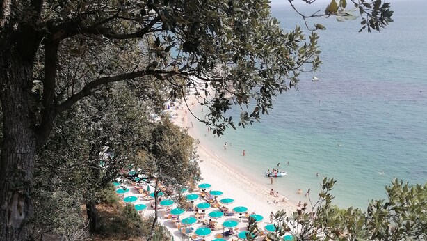 A beach with umbrellas and people. - The house of the Sirolo gecko (Sirolo)