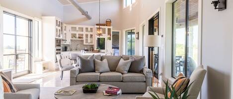 Smart TV, fireplace, books, stereo