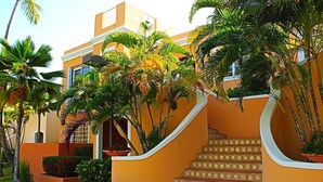 A building with a curved staircase, palm trees, and a tiled entrance. - Escape Beach Studio, Fairway Courts, Palmas del Mar (Humacao)