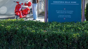 A sign for Villaggio Nerrante with a red scooter parked nearby. - Villaggio Narrante - Foresteria Delle Vigne (Serralunga d'Alba)