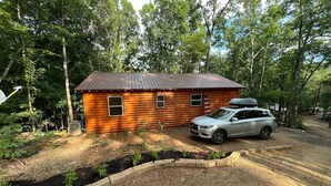 Eine Hütte mit Metall-Dach, umgeben von einem Wald.