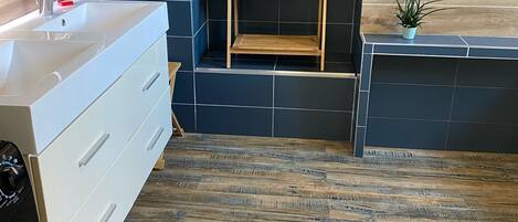 Tina, secadora de cabello, toallas, jabón