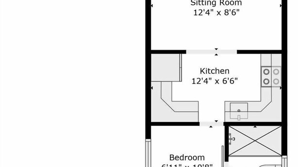 Plano de planta con terraza de 4,1 metros por 2,4 metros, sala de estar de 3,8 metros por 2,6 metros, cocina de 3,8 metros por 2 metros, dos dormitorios de 2 metros por 3,3 metros y 3,7 metros por 2,9 metros, y un baño de 1,5 metros por 2,5 metros.