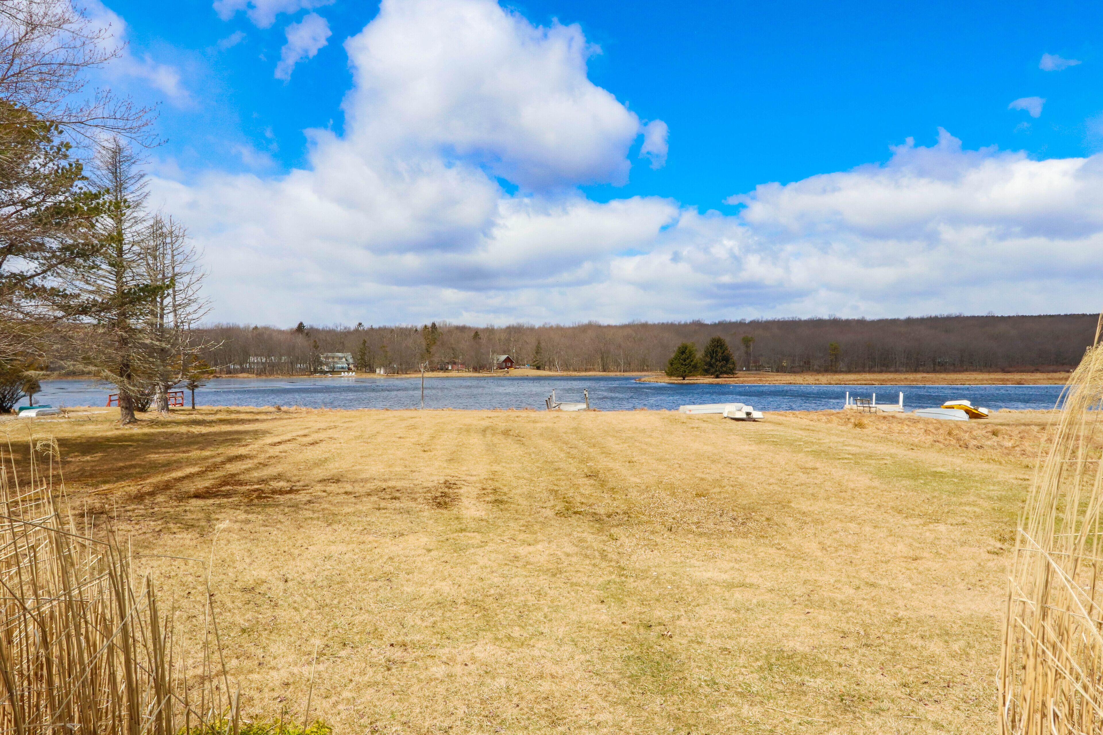 Vista de un lago con una zona verde, árboles y una orilla lejana.