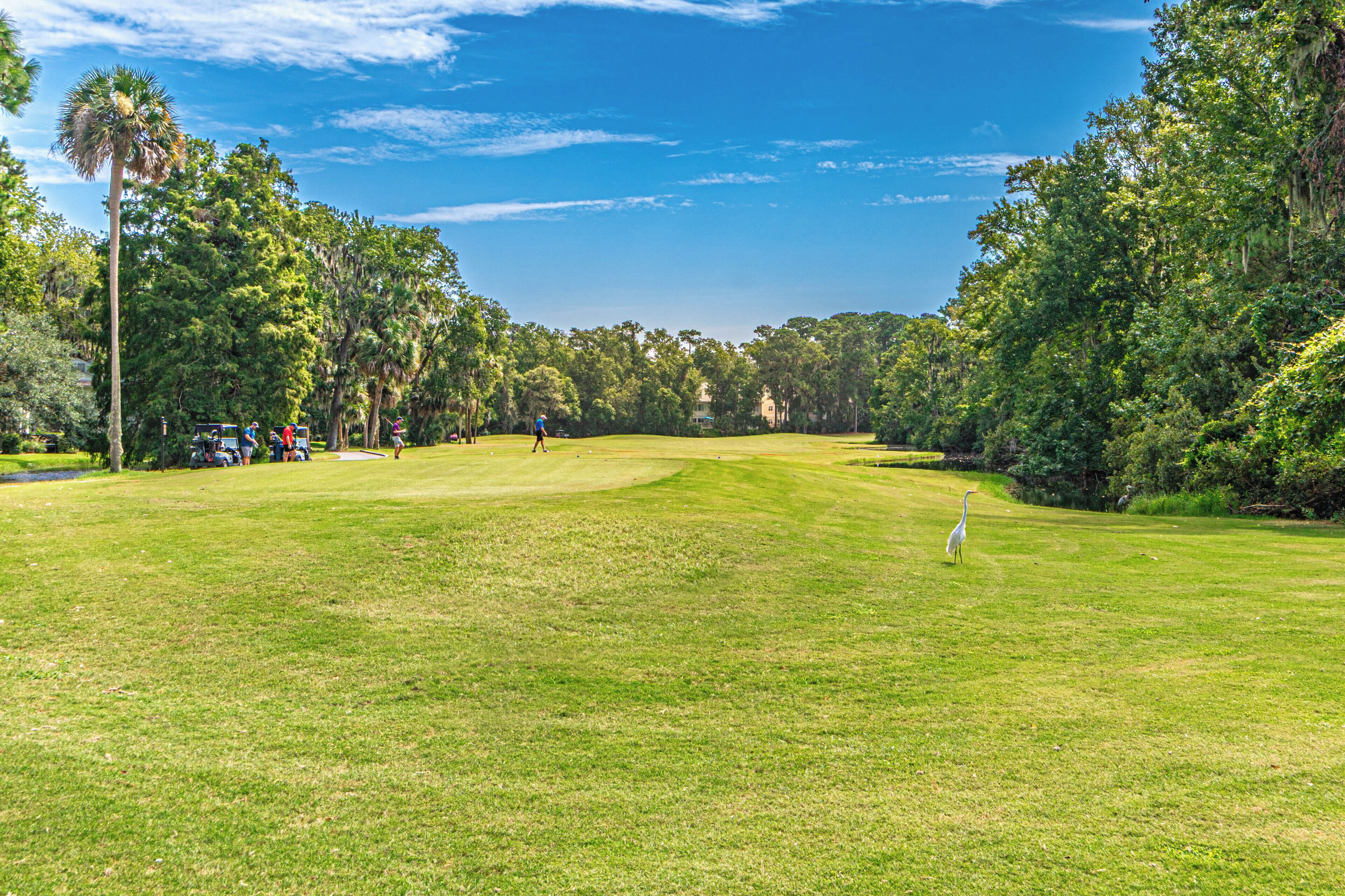 A golf course with a clear sky, lush greenery, and a few people.