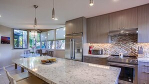 A modern kitchen with a large island, stainless steel appliances, and a view of a tropical garden. - 1.5 Blocks From The Beach: The High Tide  in Del Mar (Del Mar)
