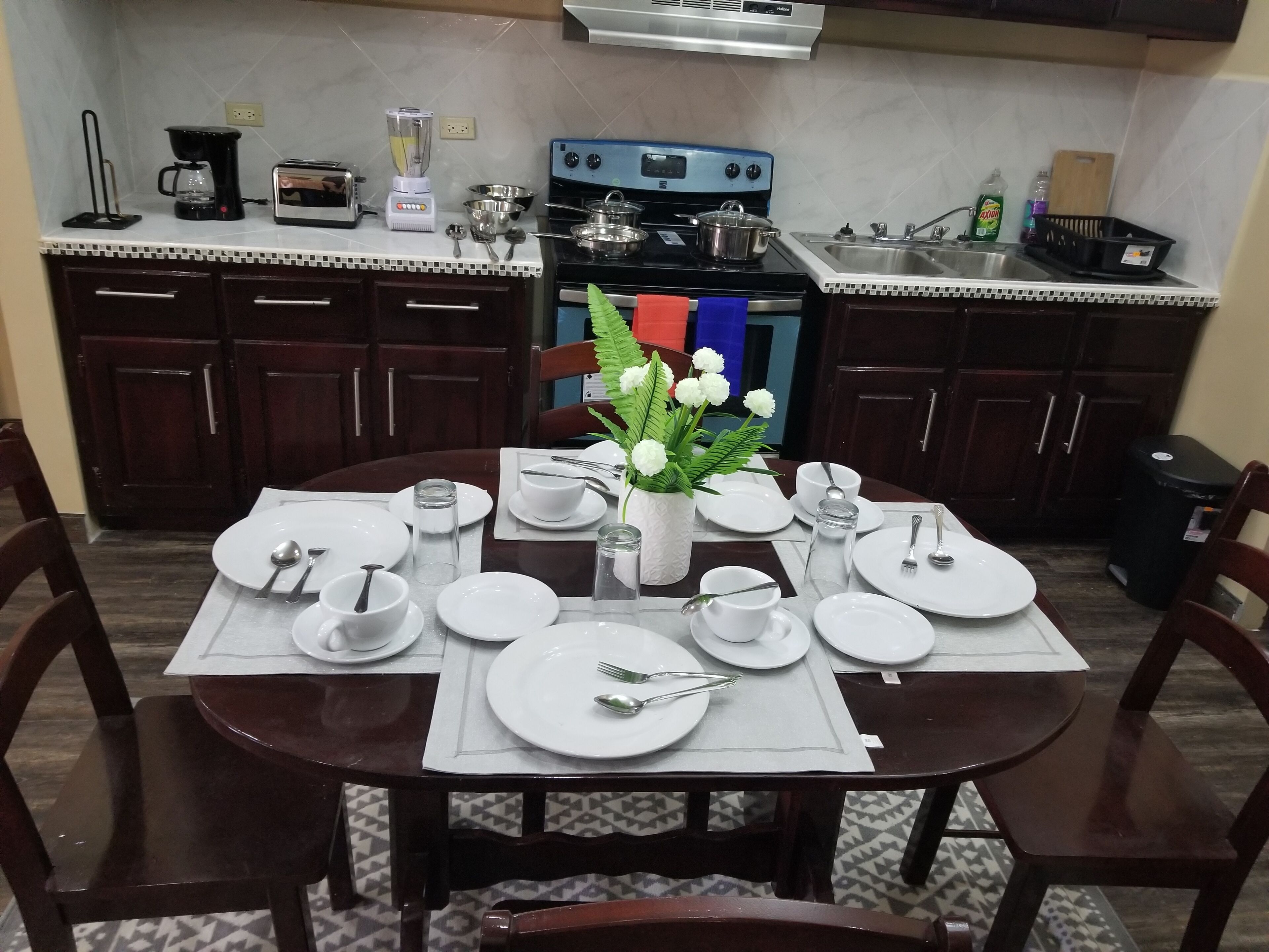 Fridge, stovetop, blender, cookware/dishes/utensils