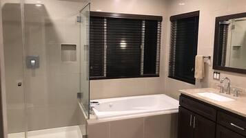 A modern bathroom with a glass-enclosed shower, a bathtub, and a vanity with a mirror.