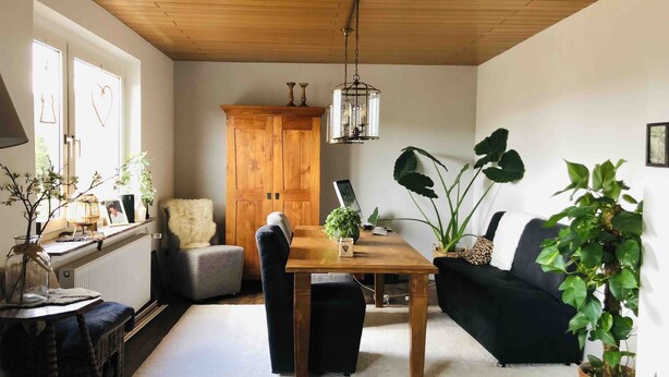 Un accogliente soggiorno con soffitto in legno, un tavolo da pranzo, un divano e diverse piante.
