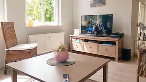 A living room with a television, a wicker chair, a table with a vase, and a window with greenery outside. - Vacation apartment Seeadler 1 (Graal-Müritz)