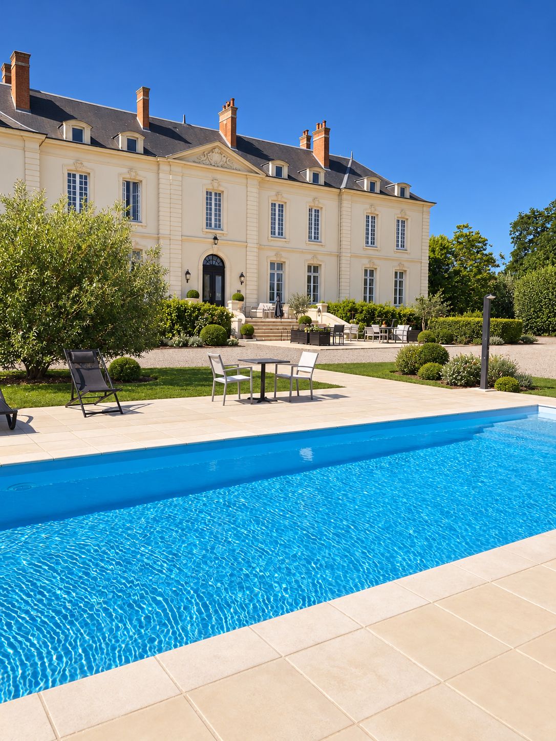 Une piscine avec des chaises longues et un espace patio situé devant un grand bâtiment doté de nombreuses fenêtres et d’une entrée centrale.