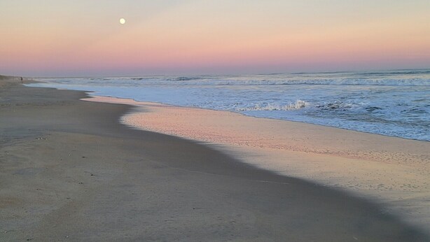 A beach with a calm sea, a visible moon, and a clear sky.