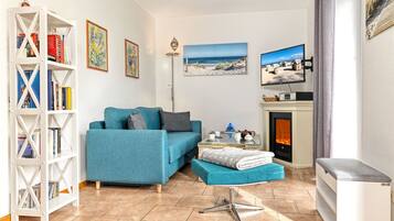 TV, fireplace, books, stereo