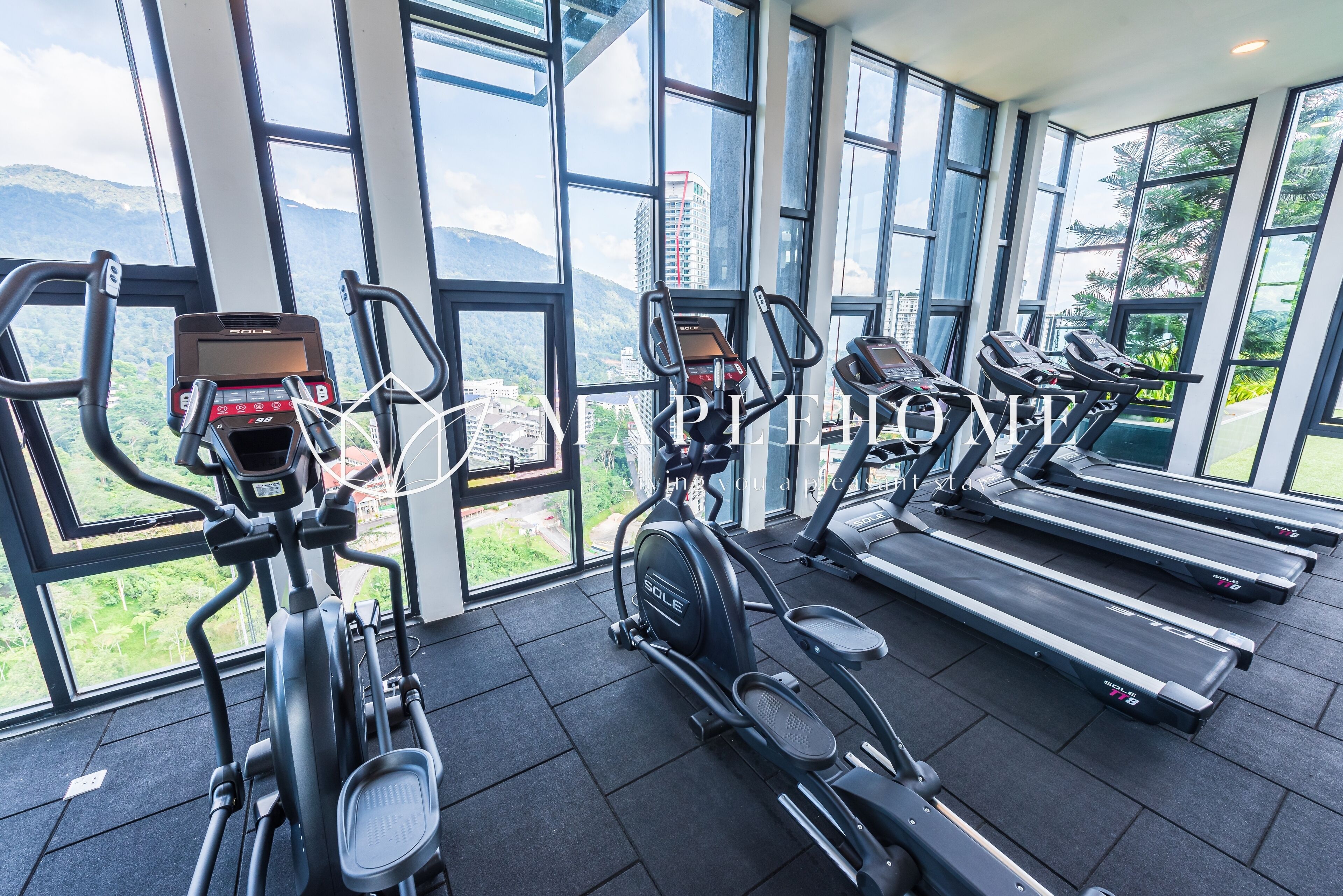 A gym with treadmills and elliptical machines, large windows with a mountain view.