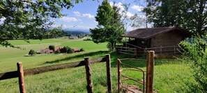A rural landscape with a wooden cabin, a fenced area, and a green field.