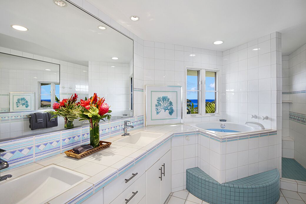 Combined shower/tub, hair dryer, towels, soap