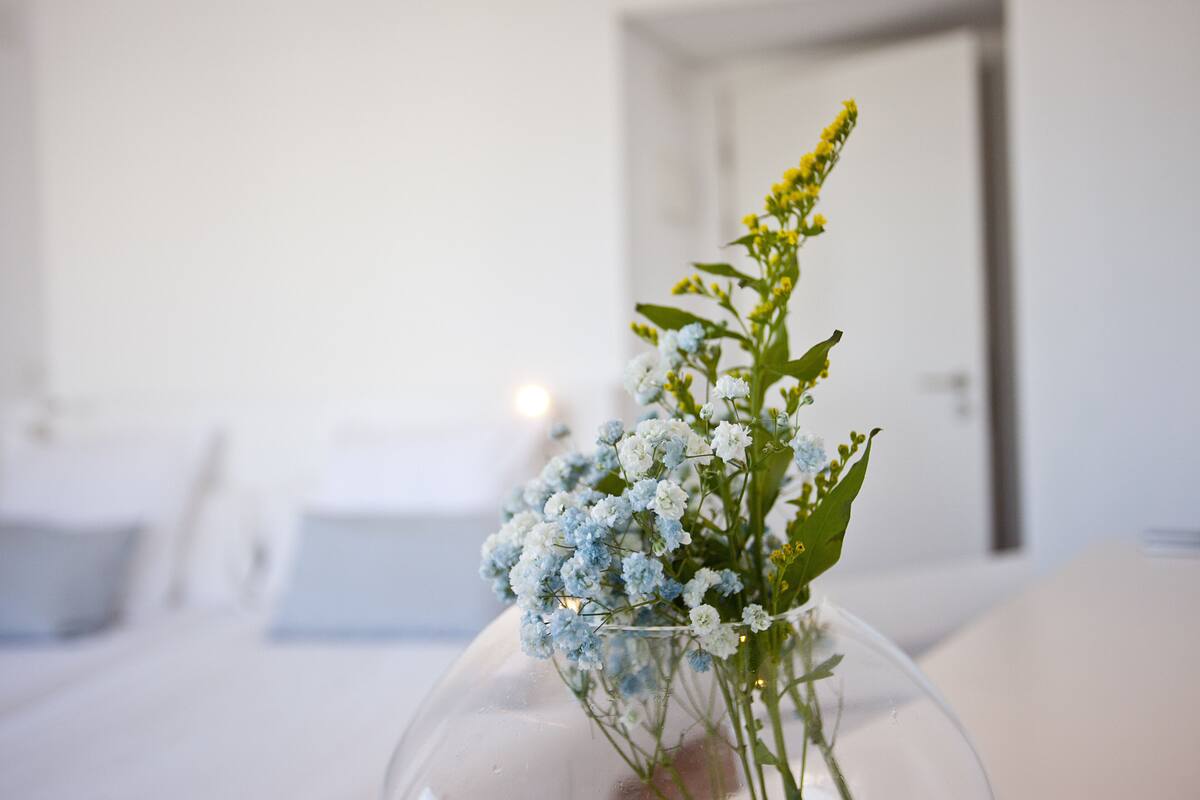 A clear view of a room with a bed, a bedside table, and a vase with flowers.