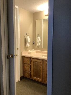 Bathtub, jetted bath, hair dryer, towels