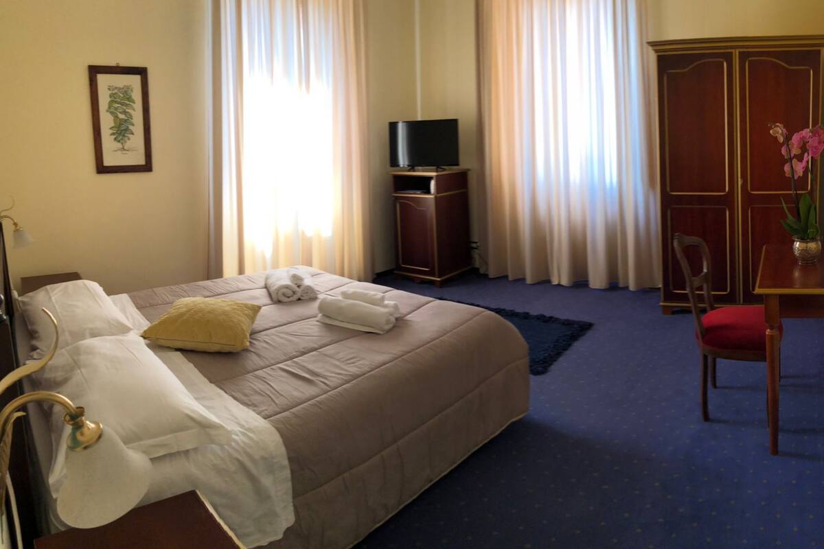Een hotelkamer met een bed, een bureau, een televisie en een kledingkast.