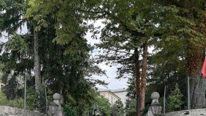 A white convertible car parked at the entrance of Villa Grancassa, surrounded by stone walls and lush greenery. - Villa Grancassa (San Donato Val Di Comino)