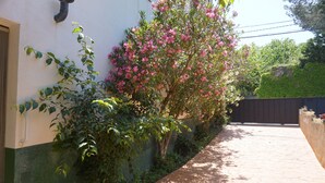 A paved pathway leading to a house with a white exterior and a green baseboard. - Rural house with garden, barbecue and swimming pool. Sea, mountains, culture, hiking! (Càlig)