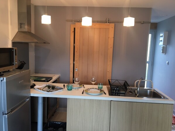 Fridge, microwave, oven, coffee/tea maker