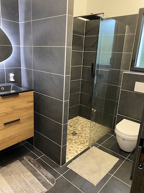 Duschwanne, Haartrockner, Handtücher, Toilettenpapier