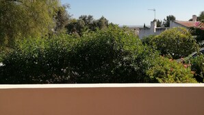 Vista dalla finestra su un giardino con diverse piante e un panorama urbano in lontananza.