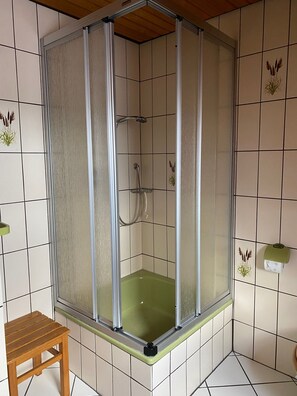 Dusche, Haartrockner, Handtücher, Seife