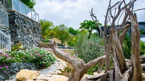 Un mur de pierre avec un escalier en pierre menant à un balcon, le tout entouré d’une végétation luxuriante et d’un grand tronc d’arbre.
