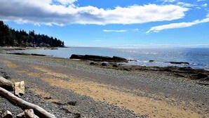 A beach with pebbles, a sandy area, and a forested area in the background.
