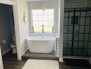 Bathtub, hair dryer, towels, toilet paper